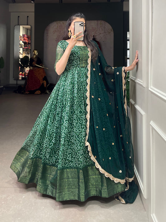 Green Color Printed With Weaving Work Patta Soft Chanderi  Dress