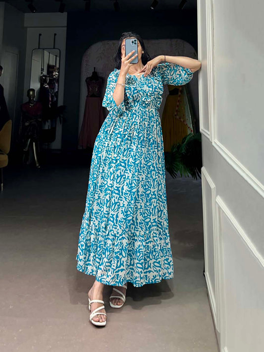 Blue Color Printed Georgette Festive Wear Gown