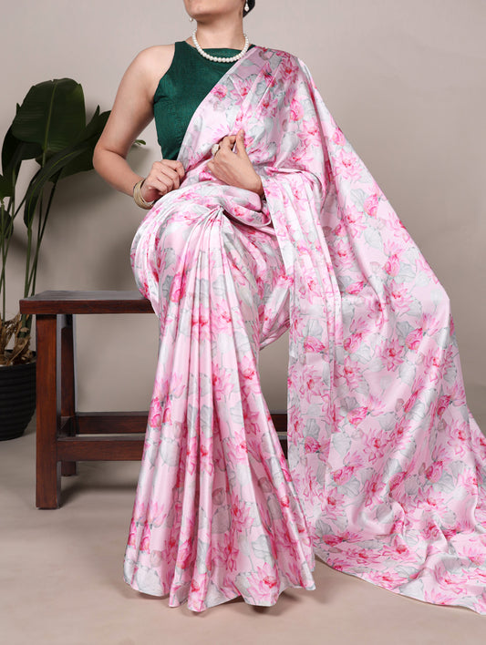 Light Pink Color Floral Printed Satin Silk Saree