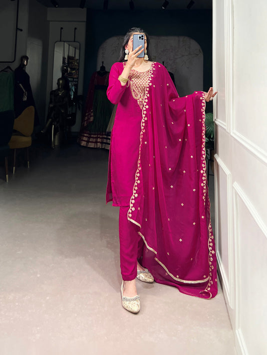 Pink Color Sequins And Thread Embroidery Work Organza Salwar Suit