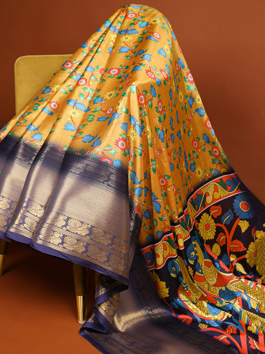 Yellow Color Printed With Zari Weaving Work Dola Silk Saree