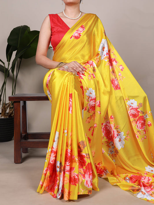 Yellow Color Floral Printed Satin Silk Saree