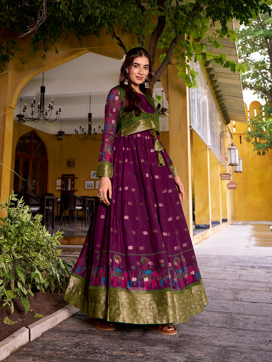 Wine Color Kalamkari With Zari Weaving Work Poly Cotton Gown
