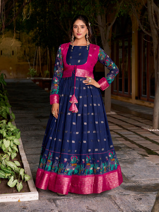 Navy Blue Color Kalamkari With Zari Weaving Work Poly Cotton Gown