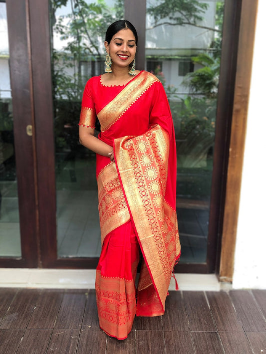 Red Color Weaving Zari Work Banarasi Soft silk Saree