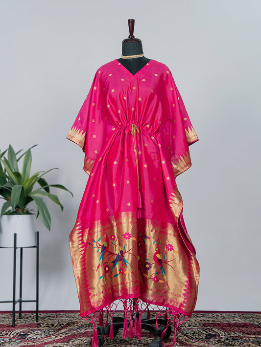 Pink Color Weaving Zari Work Jacquard Paithani Kaftan