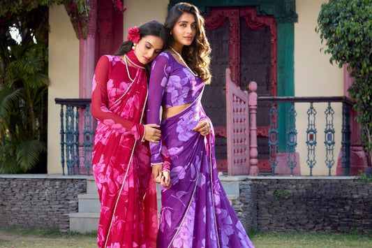 Elegance Redefined: Printed Georgette Saree With Pearl Lace Border