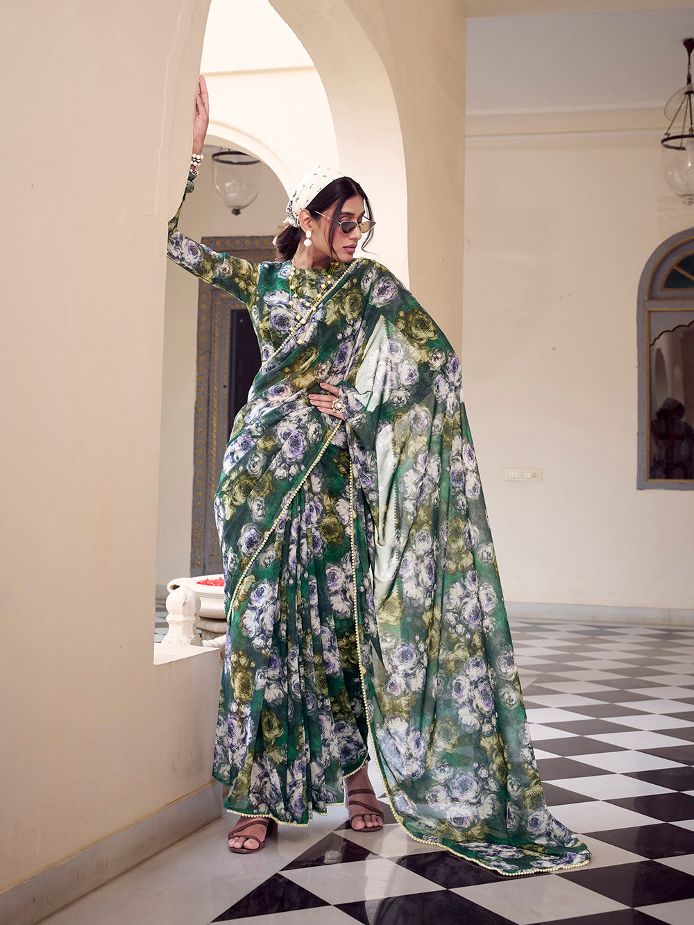 Green Color Floral Printed With Peral Lace Border Weightless Marbal Saree
