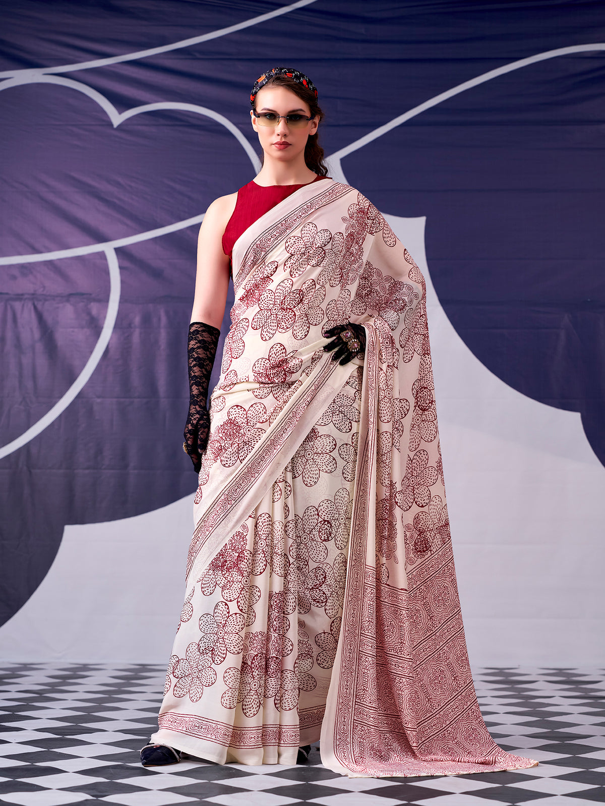 Maroon Color Floral Printed Satin Silk Saree