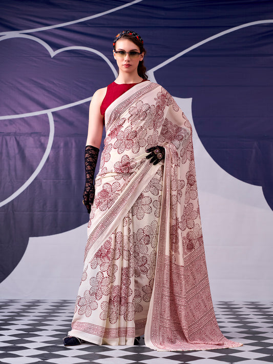 Maroon Color Floral Printed Satin Silk Saree