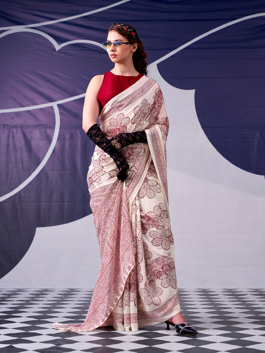Maroon Color Floral Printed Satin Silk Saree