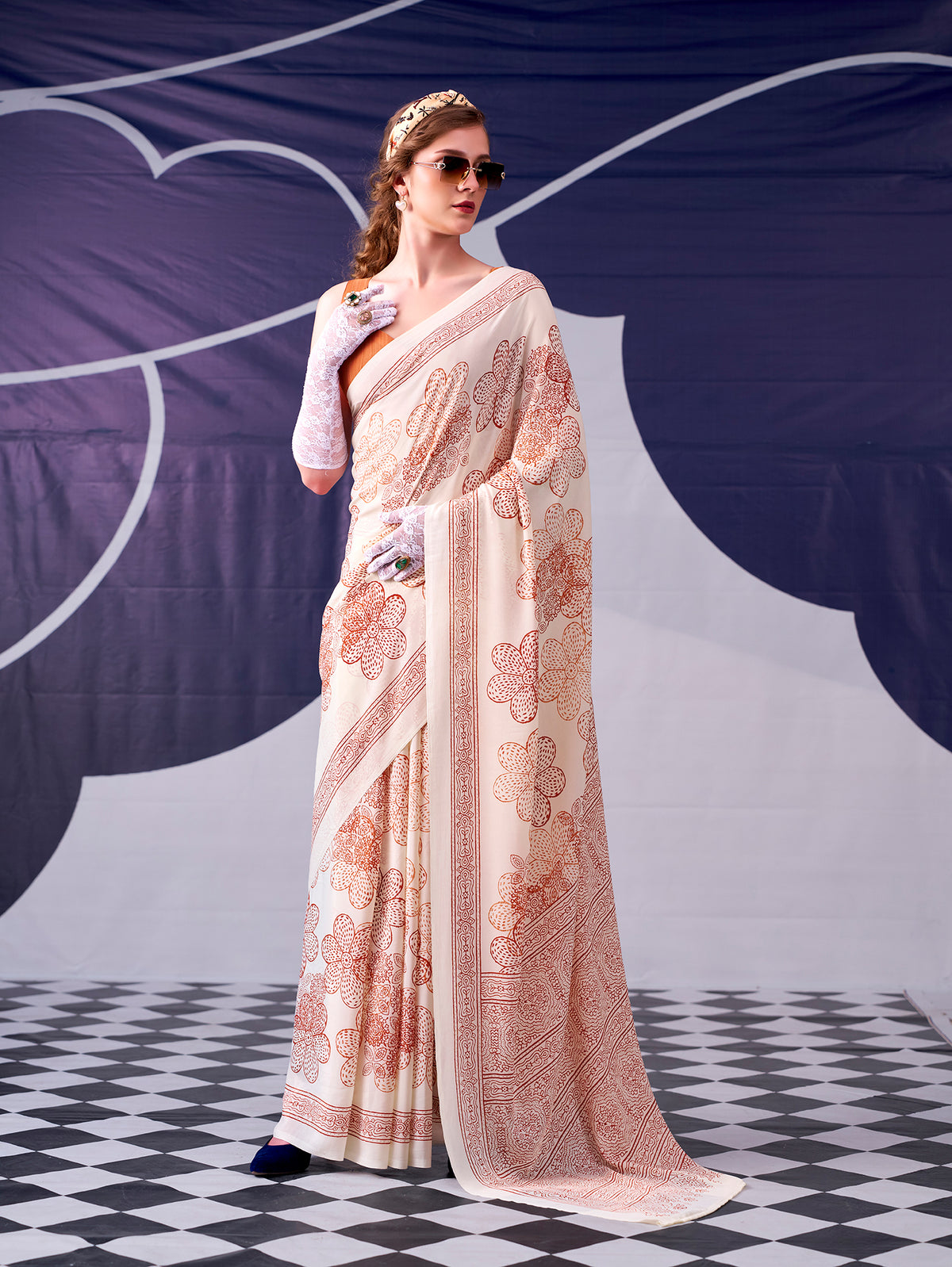 Peach Color Floral Print With Satin Silk Saree