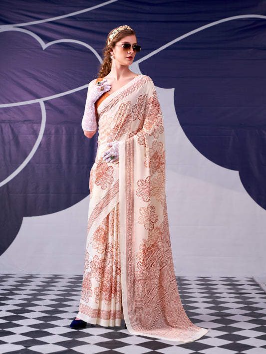 Peach Color Floral Print With Satin Silk Saree