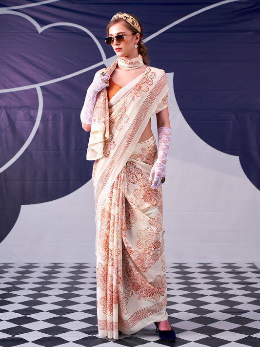 Peach Color Floral Print With Satin Silk Saree