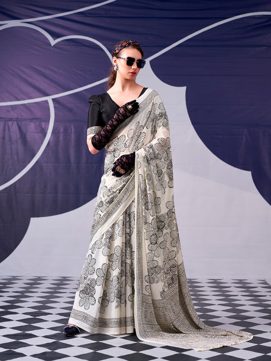 Black Color Floral Printed Satin Silk Mumbai Saree