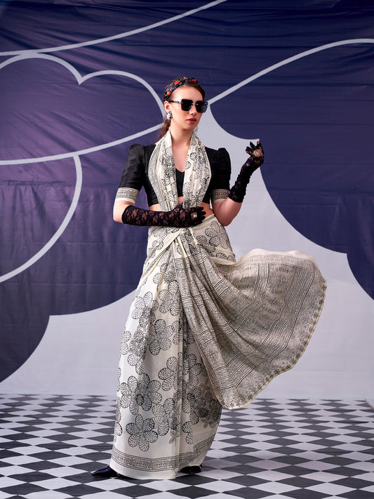 Black Color Floral Printed Satin Silk Mumbai Saree