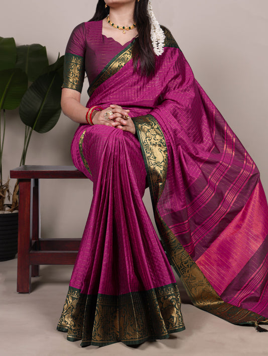 Rani Pink Color Chex With zari Weaving Work Poly Cotton Saree