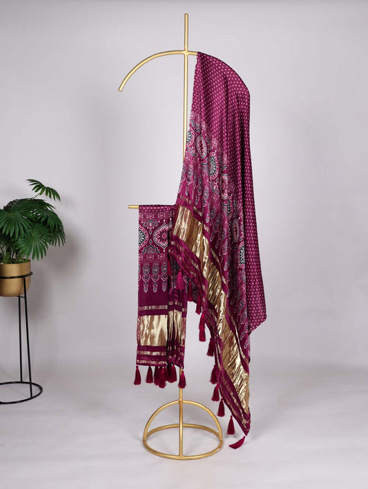 Rosewood Color Printed Gaji Silk Dupatta