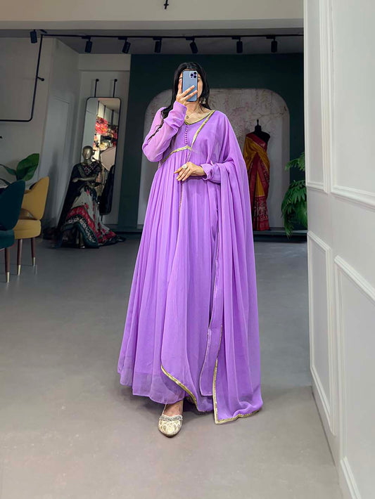 Purple Color Plain And Sequins Embroidery Lace Georgette Dress