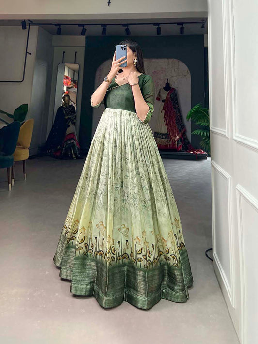 Green Color Printed With Weaving Border Tussar Silk Dress
