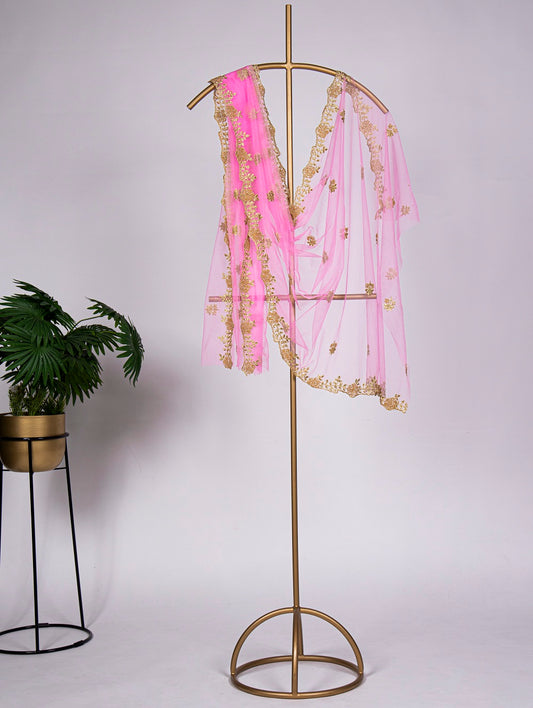 Baby Pink Color Embroidery Cut Work and Stone Work Net Dupatta