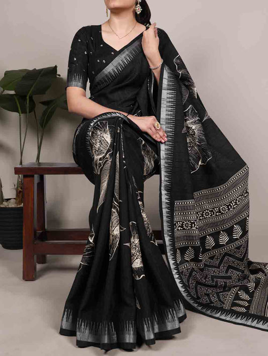 Black Color Printed Slub Silk Saree
