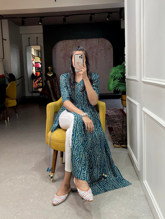 Firozi Color Foil and Printed Pure Cotton Kurti