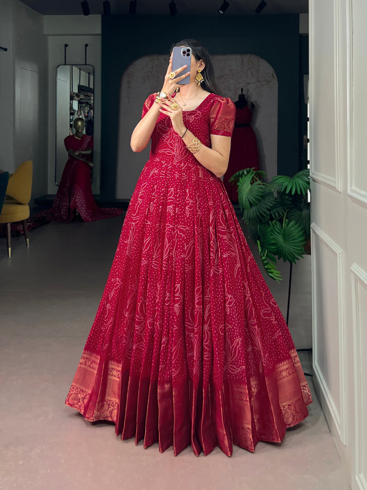 Bandej Print Long Dress With Zari Bordar