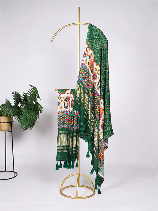 Green Color Digital Print And Lagadi Patta Gaji Silk Dupatta