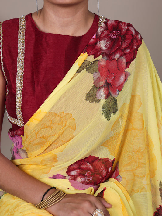 Yellow Color Floral Printed Chiffon Saree