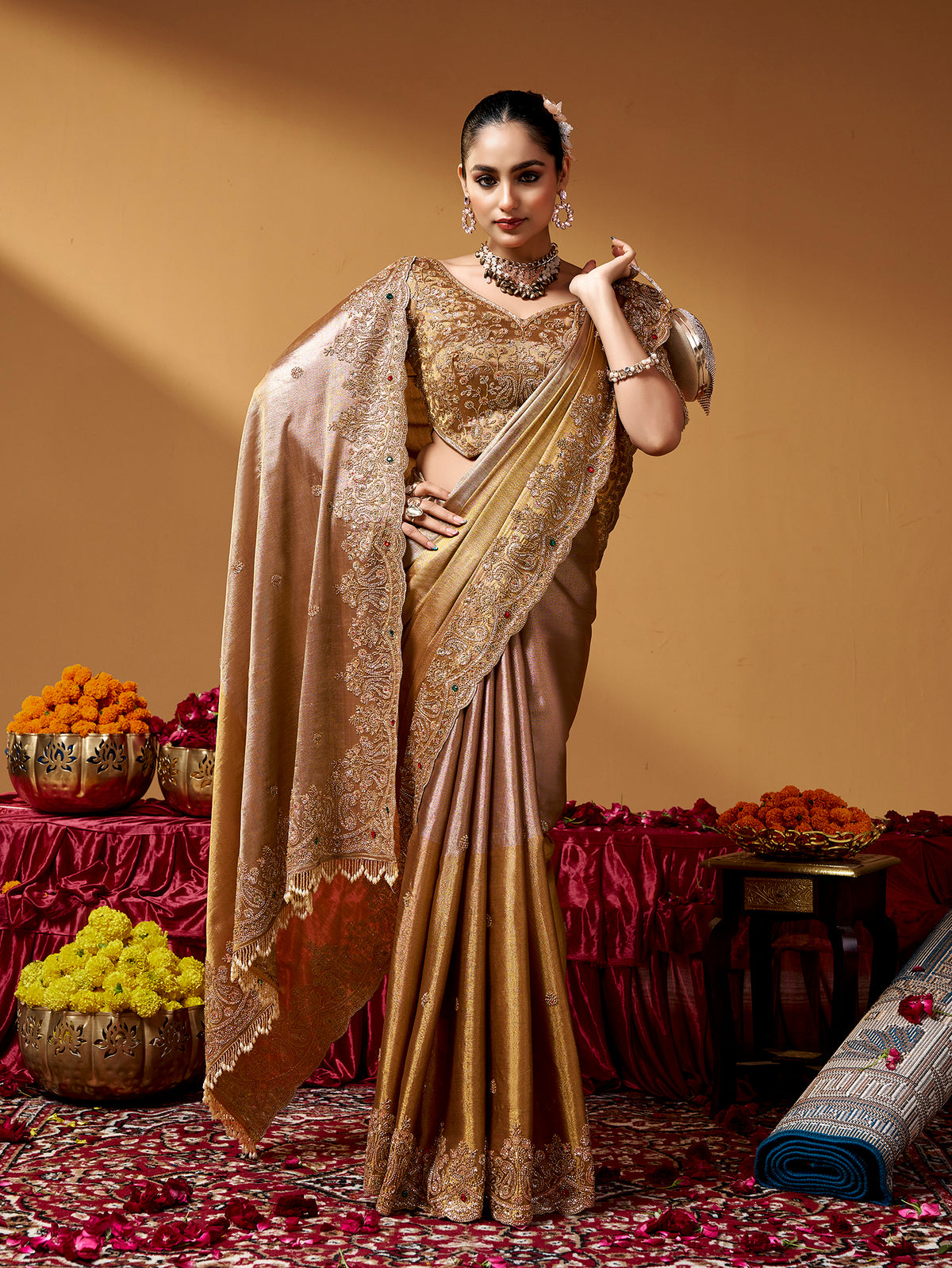 Golden Embroidery And Tube Beads Work Saree