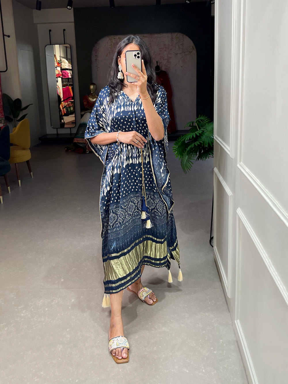 Navy Blue Color Patola Printed Gaji Silk Kaftan