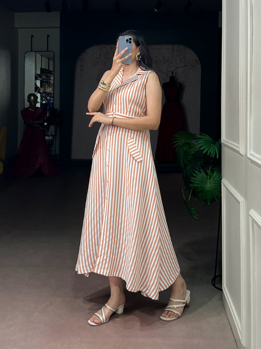 Women's Long Striped Dress With Belt Detailing
