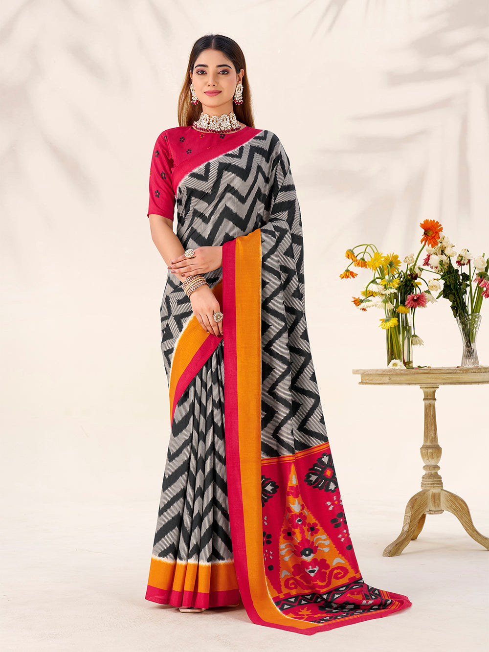 Black Color Printed Tasar Silk Saree