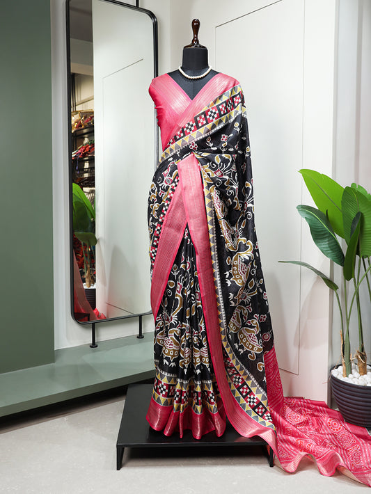 Black Color Printed With Zari Border Dola Silk Wedding Wear Saree