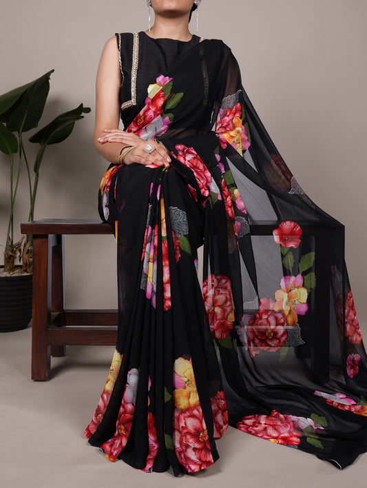 Black Color Floral Printed Chiffon Saree