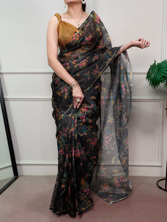 Black Color Kota Doria Saree Collection