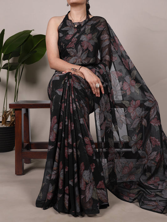 Black Color Floral Viscose Lurex Brasso Saree