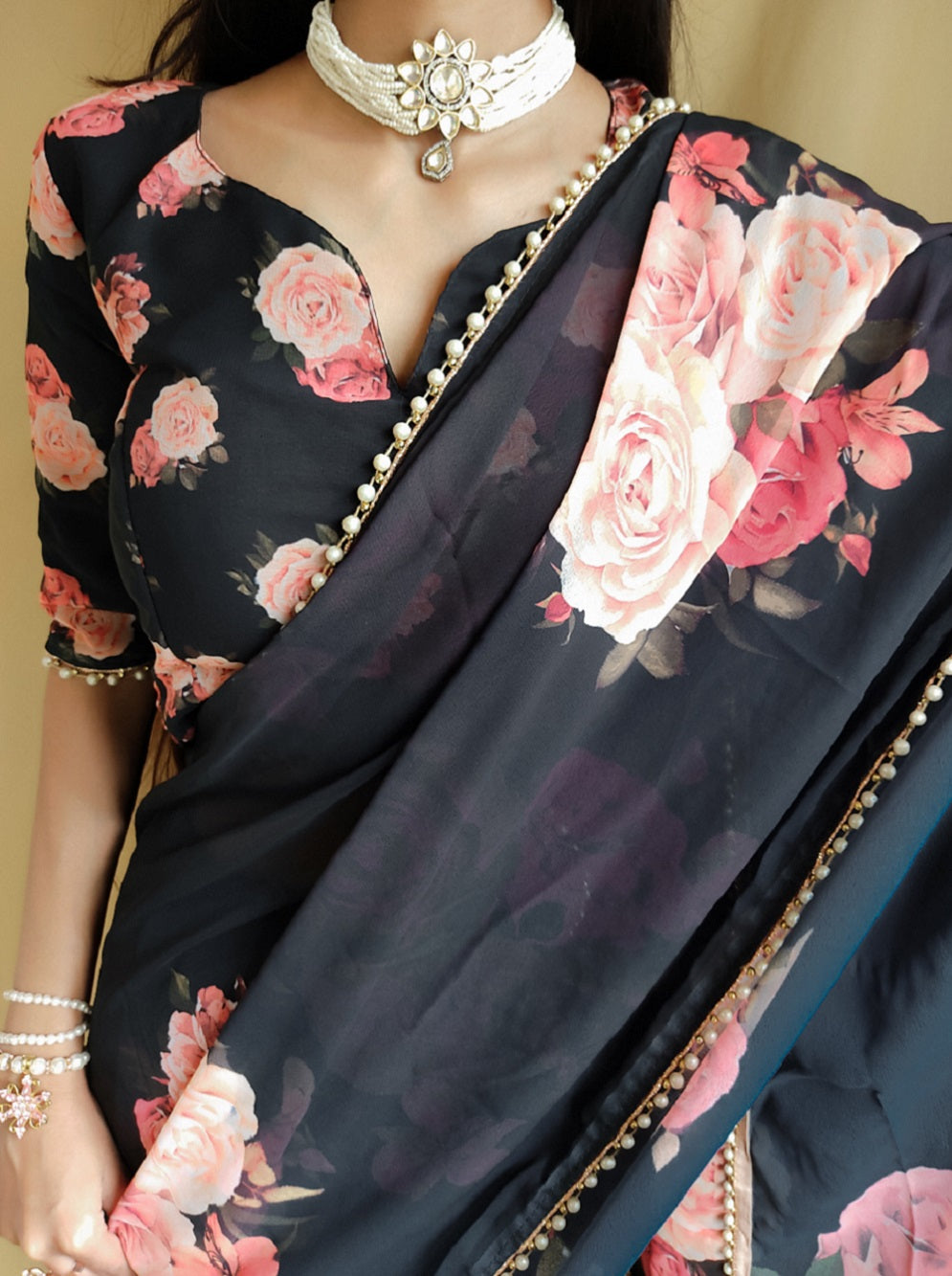 Black Color printed With Peral Lace Border Georgette Saree