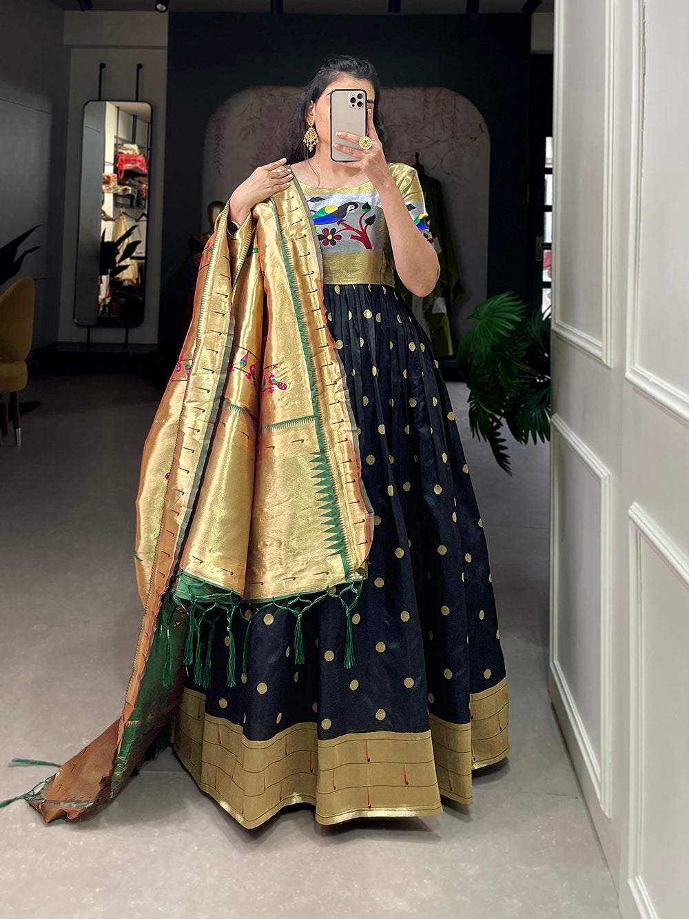 Black Color Zari Weaving Work Jacquard Silk (Paithani) Dress
