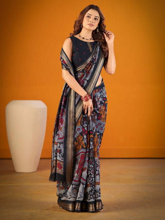 Black Color Kalamkari Print Saree