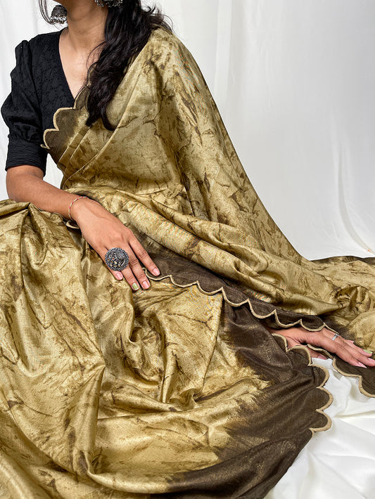 Mustard Color Shibori Print With Arca Work Silk Saree
