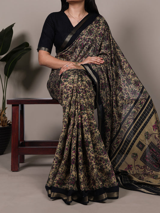 Black Color Printed With Zari Weaving Work Polyester Viscose Chanderi Saree