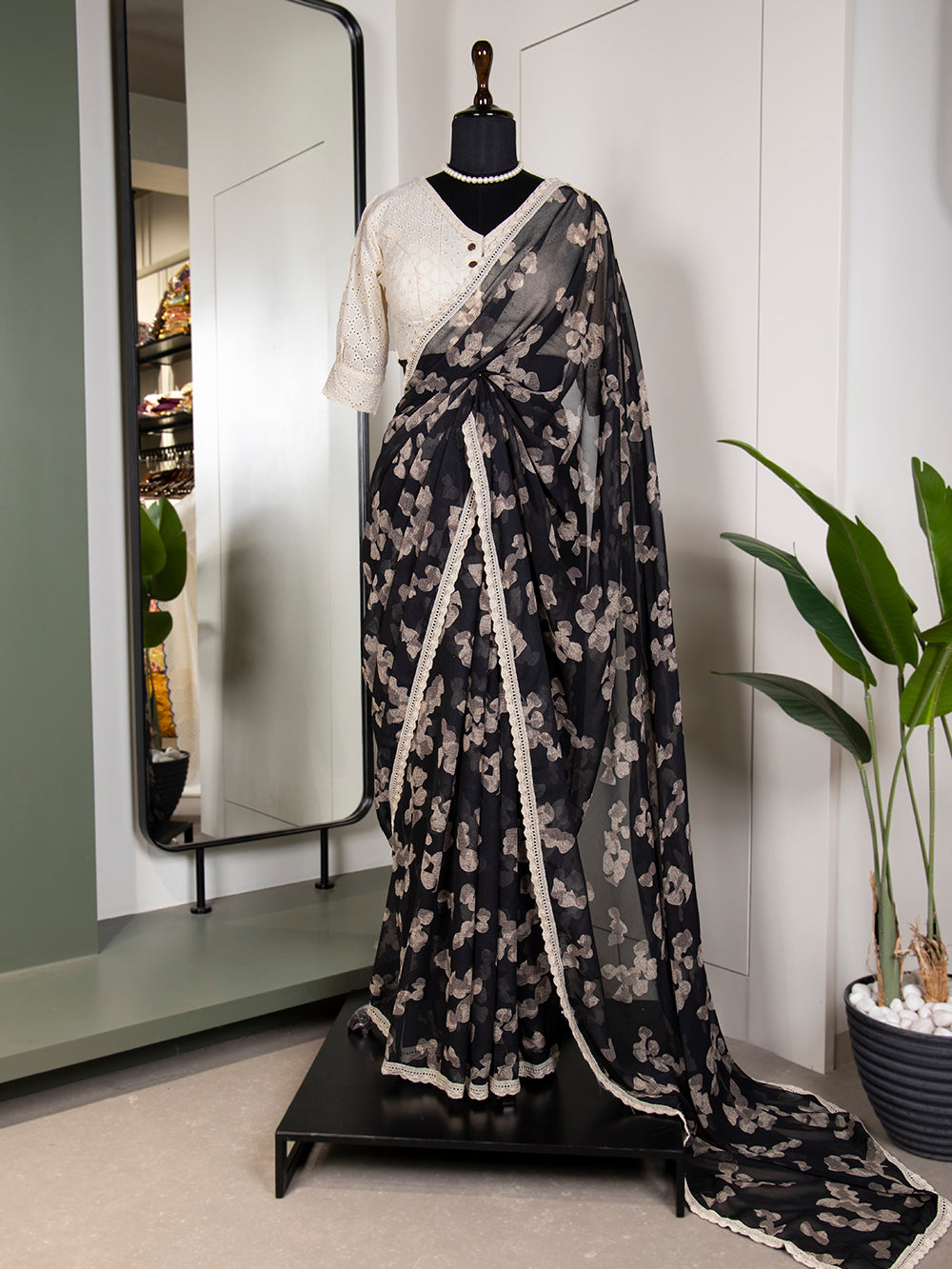 Black Color Printed With Cotton Lace Border Georgette Saree