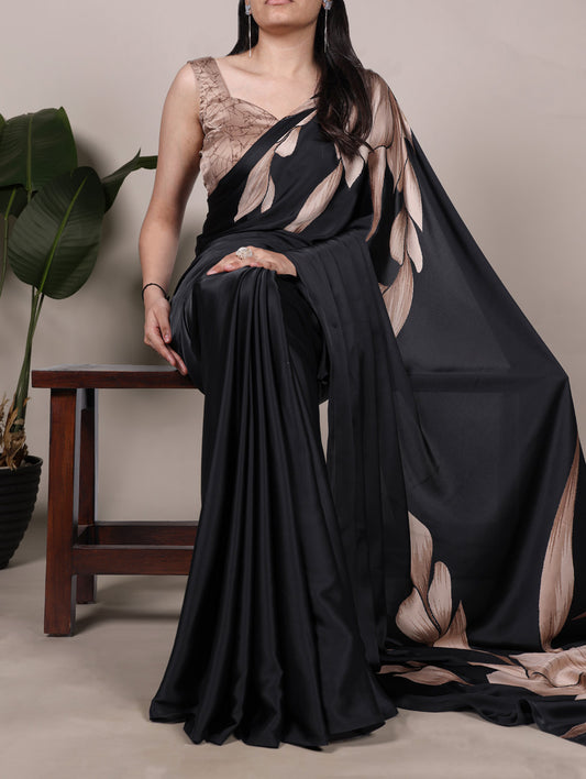 Black Color Floral Print Satin Silk Saree