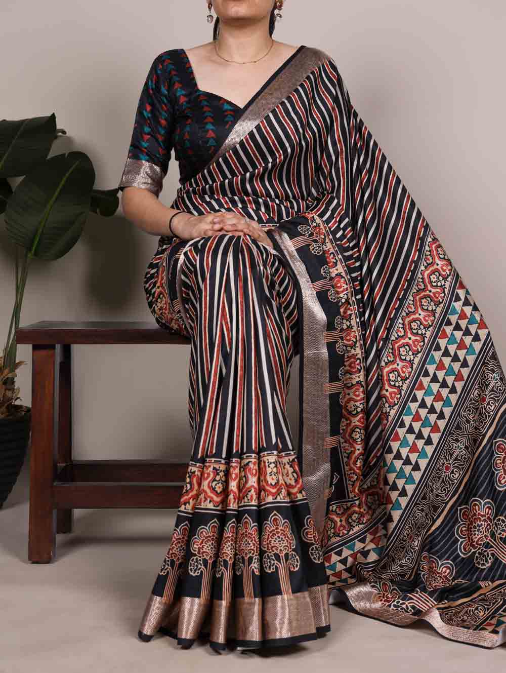 Black Color Festival Wear Tasar Silk Saree