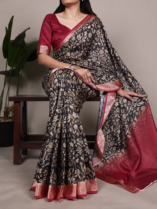 Black Color Printed Tasar Silk With Viscose Border Saree