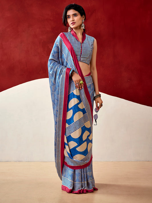 Blue Color Fancy Printed Dull Satin Saree