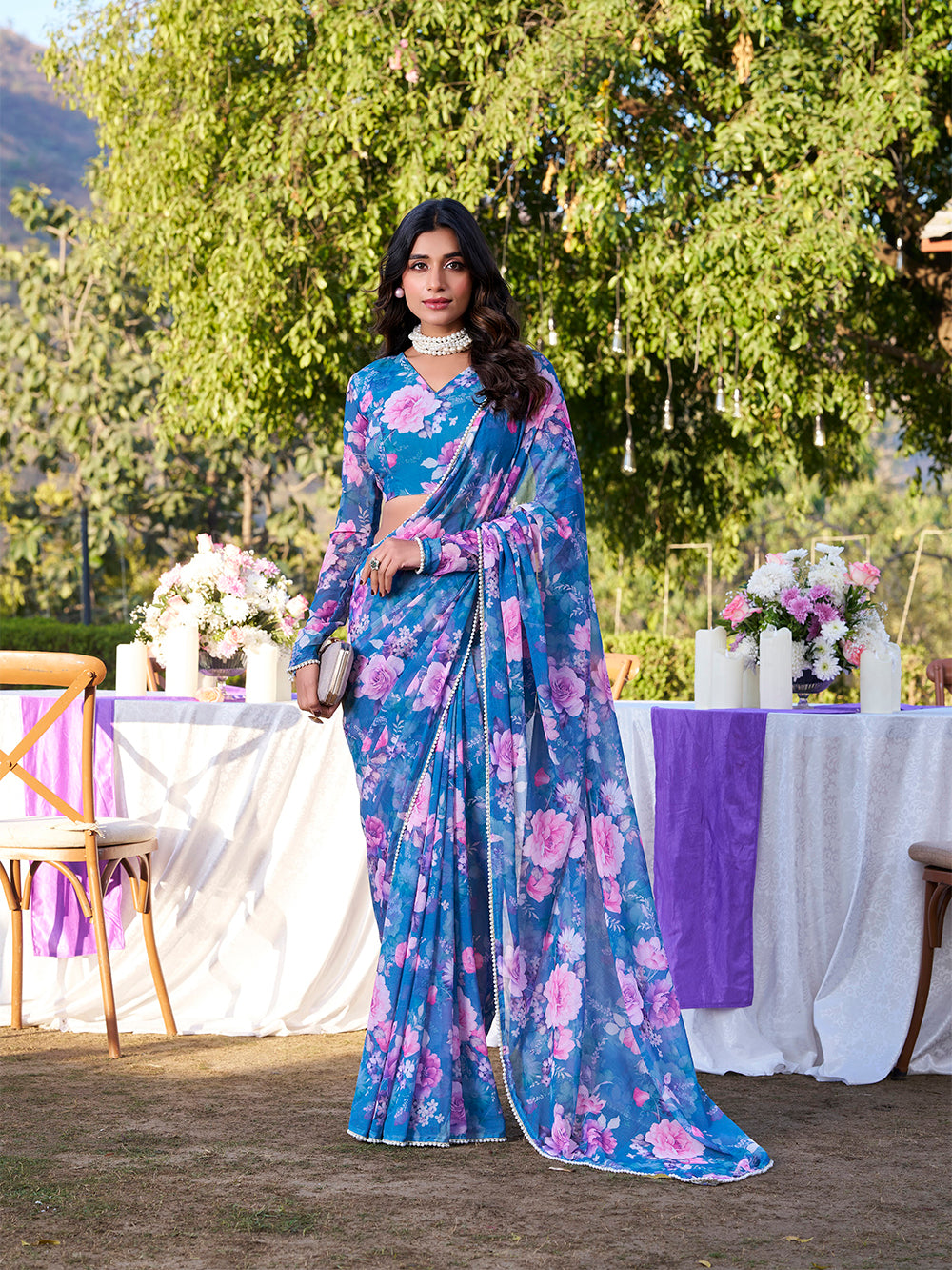 Blue Color Printed With Peral Lace Border Weightless Marbal