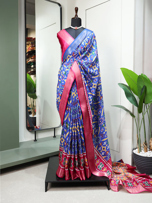 Blue Color Digital Patola Printed Dola Silk Saree